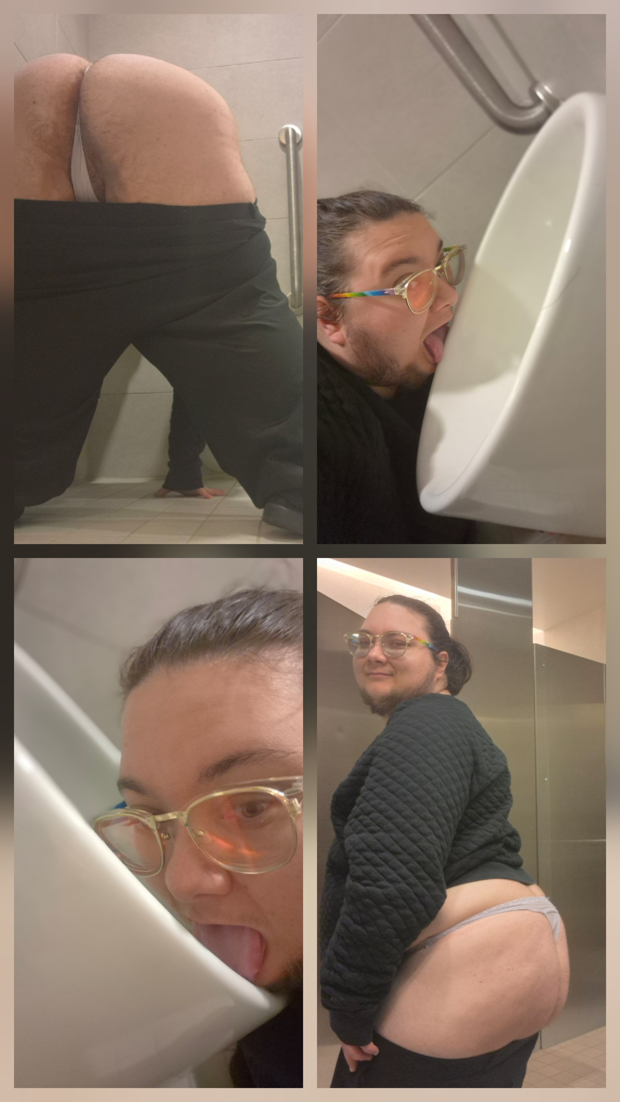 Exposed and worshiping the urinal in a men's room