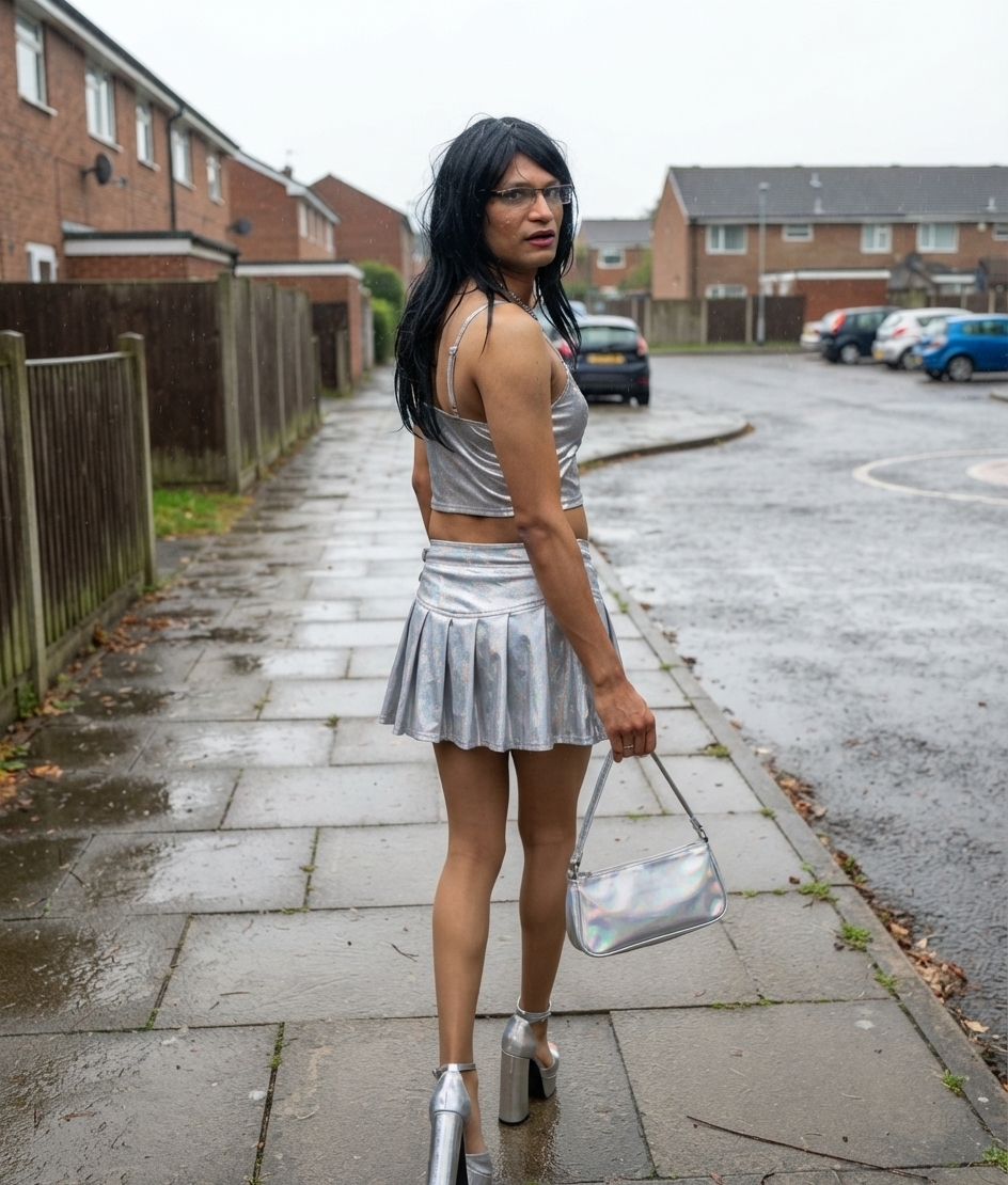 Shameful walk in the rain dressed as a slut.