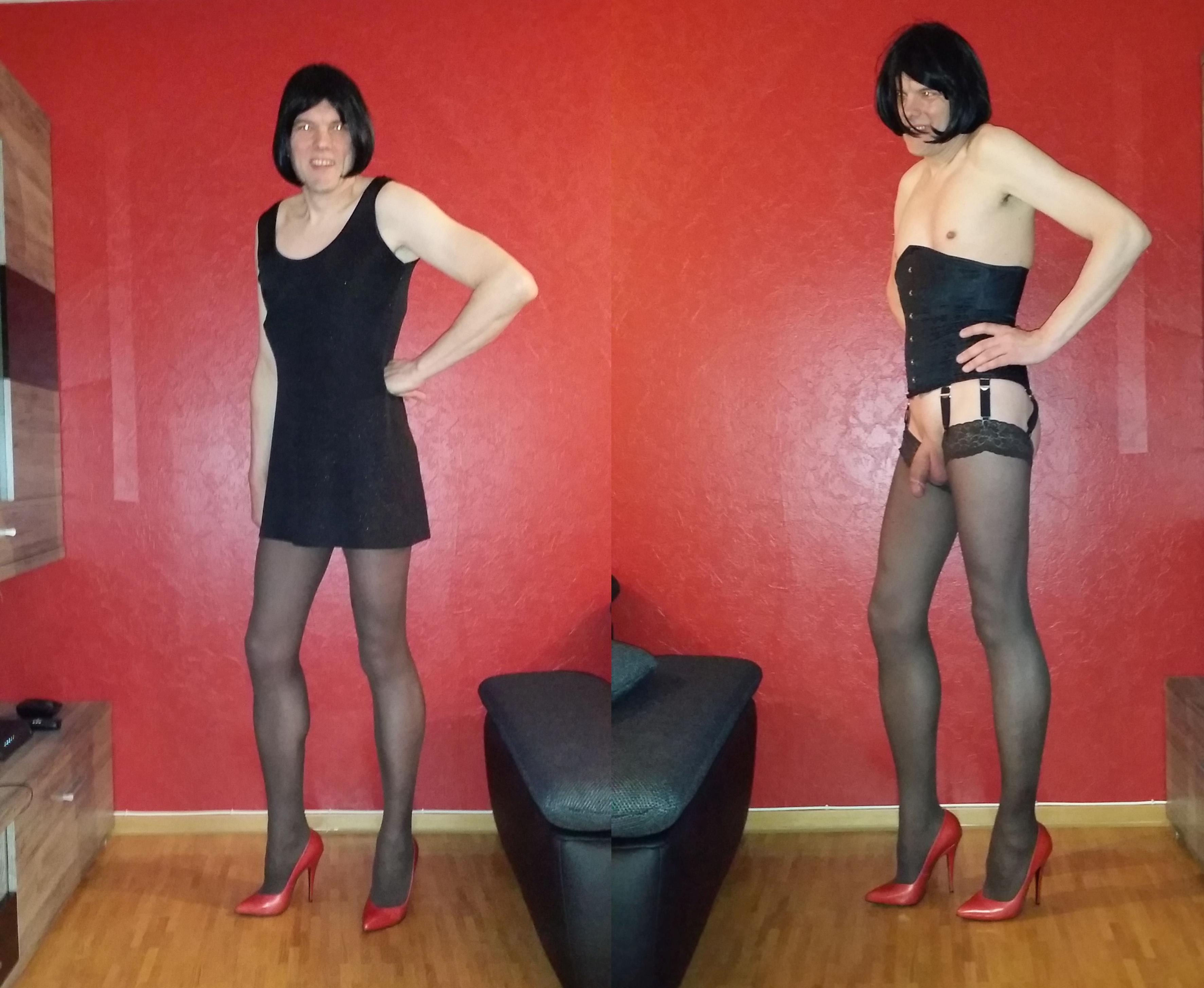 Compare the faggot slut with and without dress